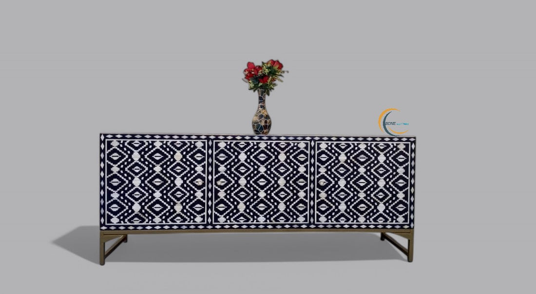 handmade bone inlay 3 door media console table, bone inlay furniture,