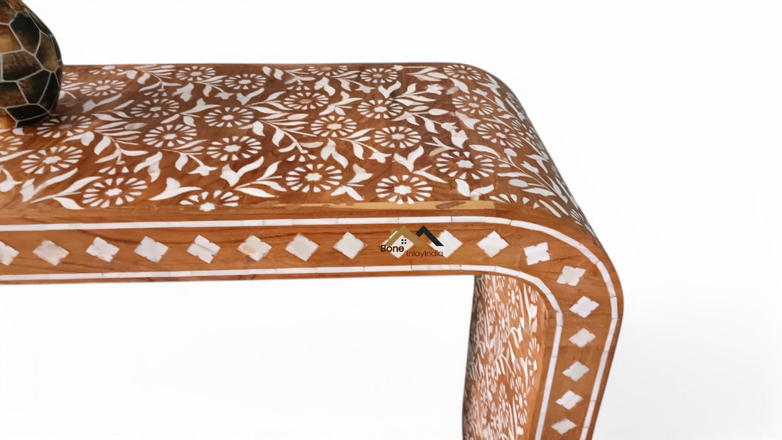 handmade mother of pearl inlay and teak wood U console table, mop console table,