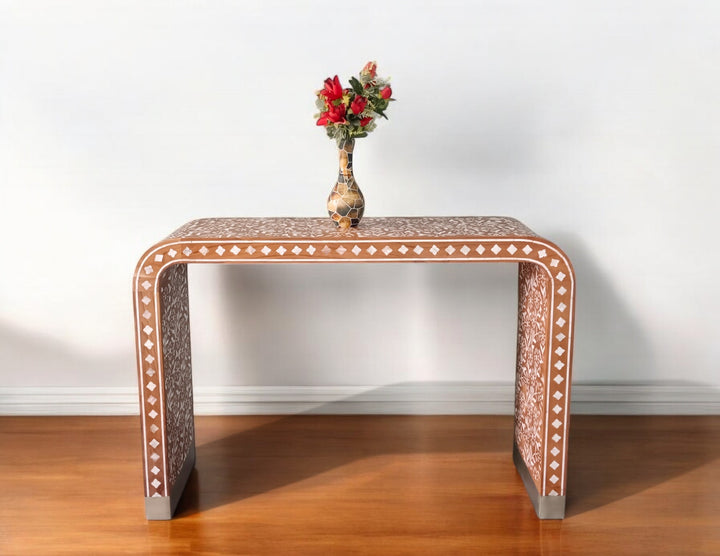 handmade mother of pearl inlay and teak wood U console table, mop console table,