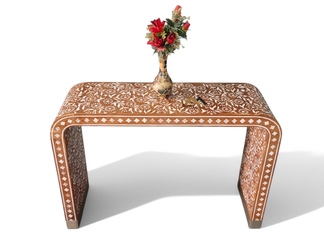 handmade mother of pearl inlay and teak wood U console table, mop console table,