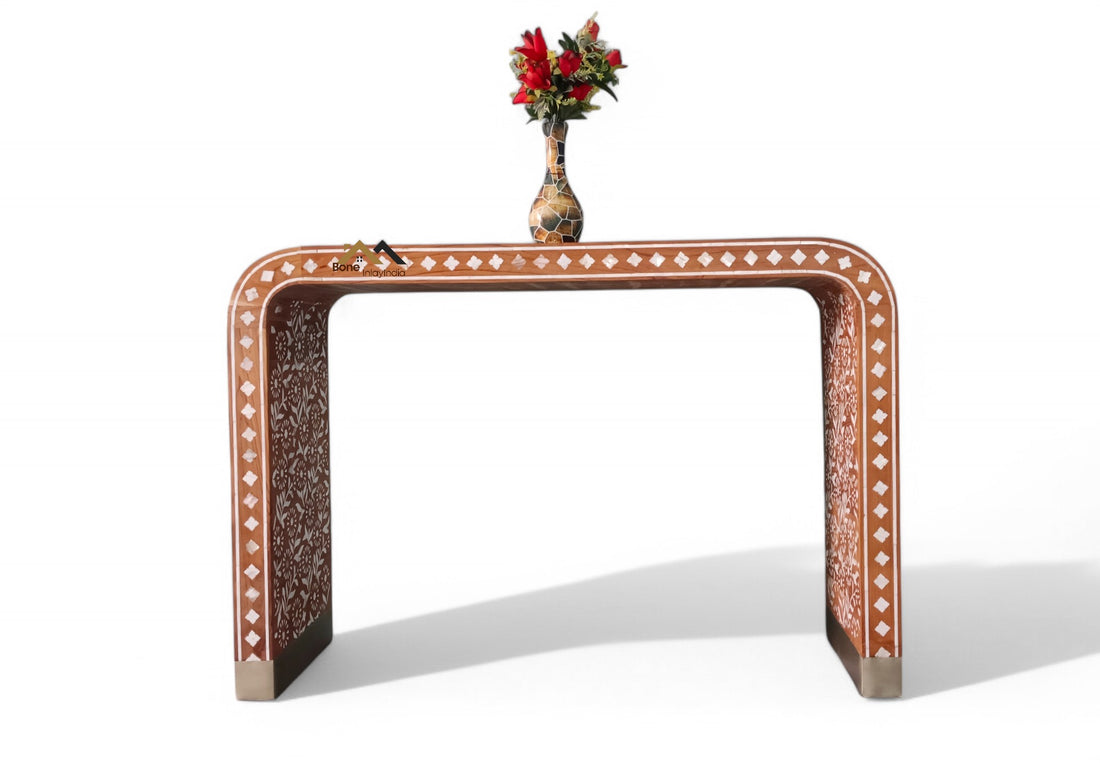 handmade mother of pearl inlay and teak wood U console table, mop console table,