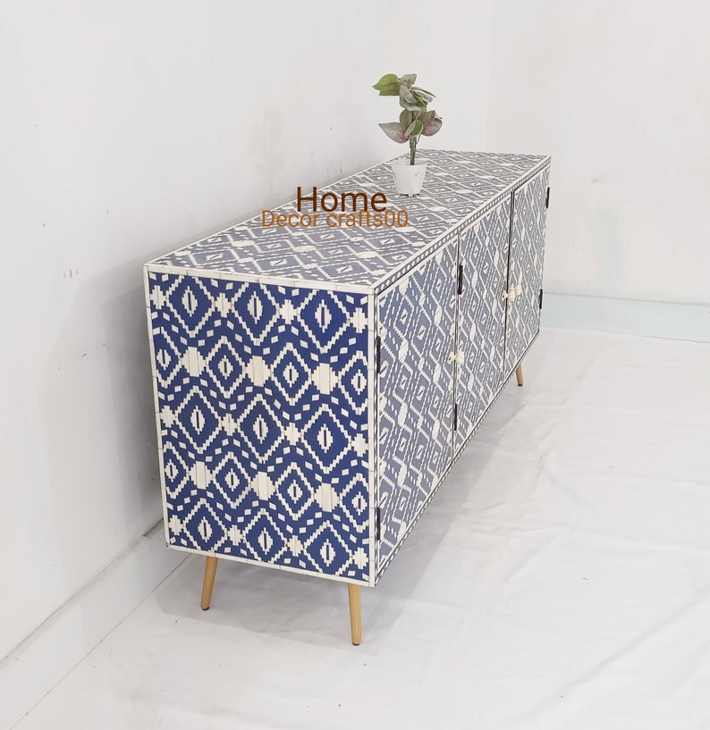 handmade bone inlay 3 door media console table