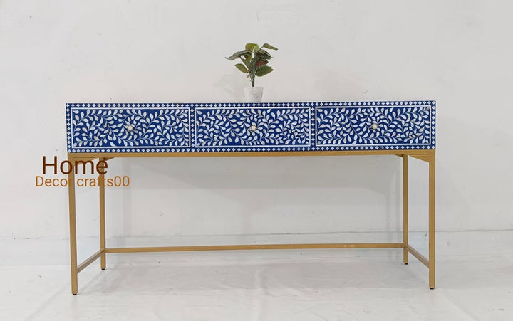 Indian handmade mother of pearl Inlay Console Table, 3 Drawer Floral Design console