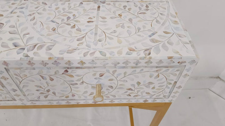 Indian handmade mother of pearl Inlay Console Table, 3 Drawer Floral Design console