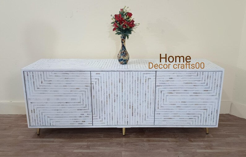 New Indian handmade Mother of Pearl inlay 3 Door Media Console, MOP inlay TV Unit